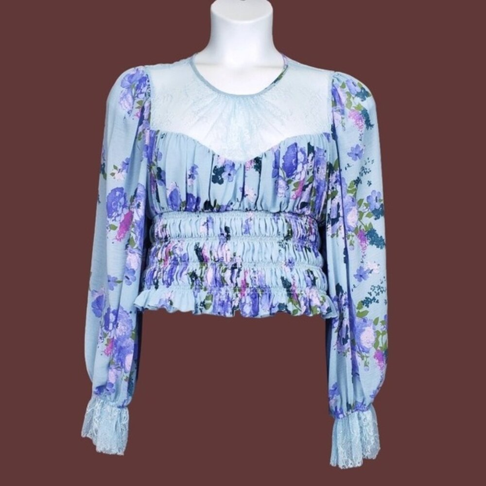 Free People Womens Long Sleeve Blue Purple Floral Sheer Lace Crop Top Size L